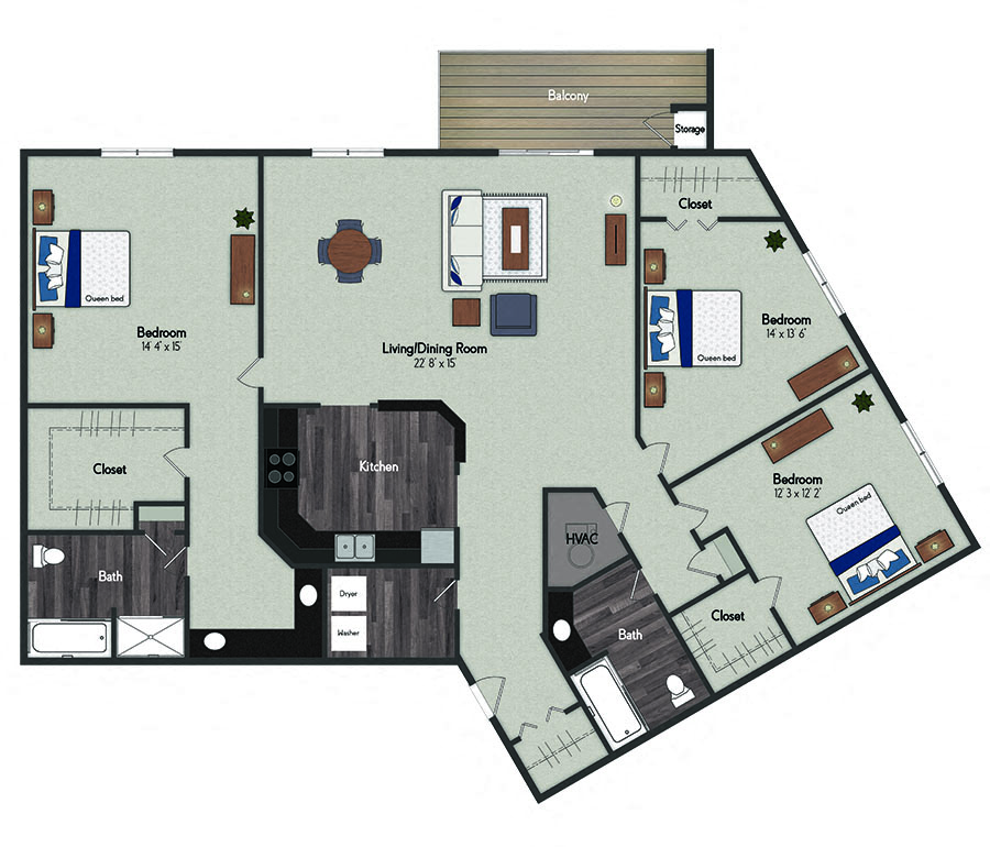 Floor plan for 3 beds, 2 baths, 1741 sqft