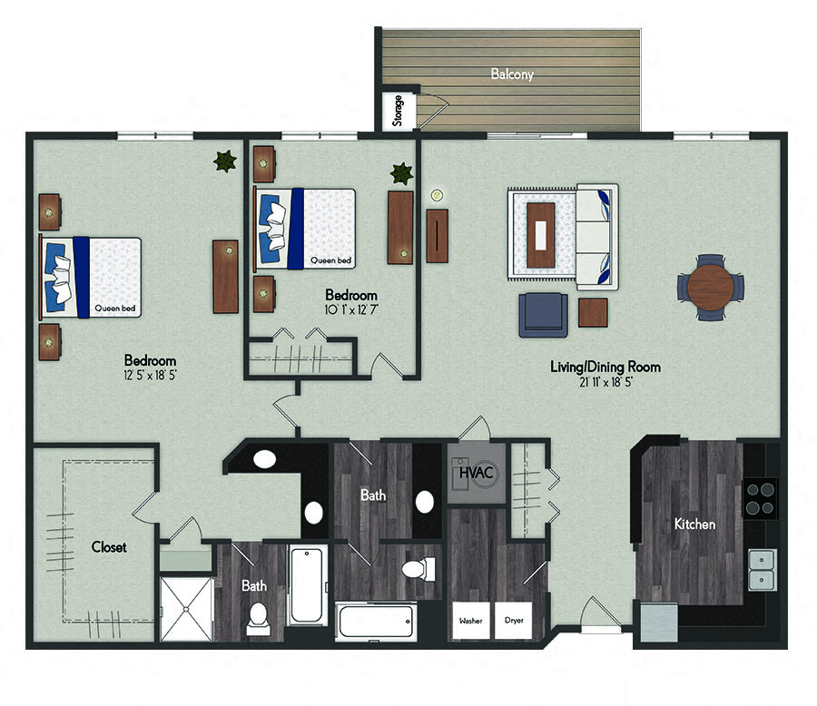 Floor plan for 2 beds, 2 baths, 1439 sqft