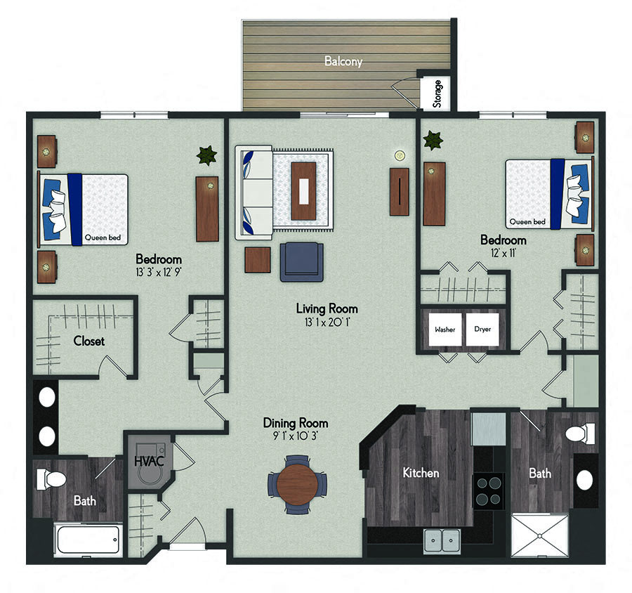 Floor plan for 2 beds, 2 baths, 1249 sqft