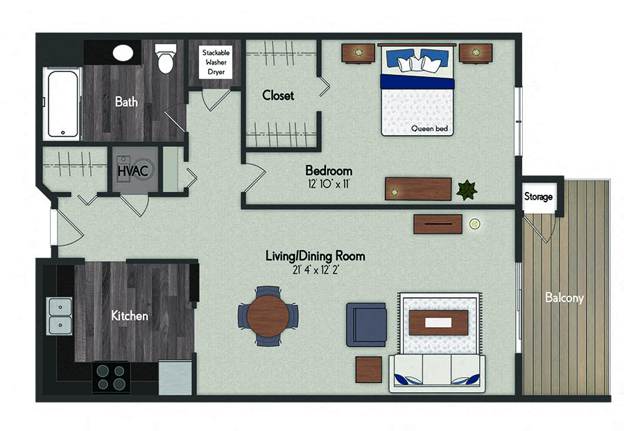 Floor plan for 1 bed, 1 bath, 787 sqft