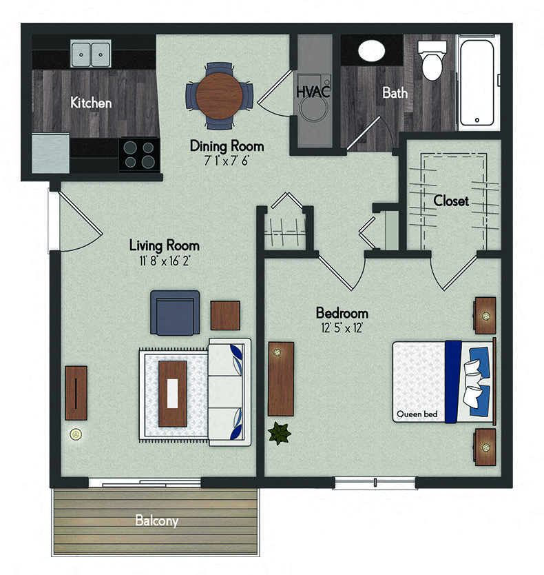 Floor plan for 1 bed, 1 bath, 650 sqft