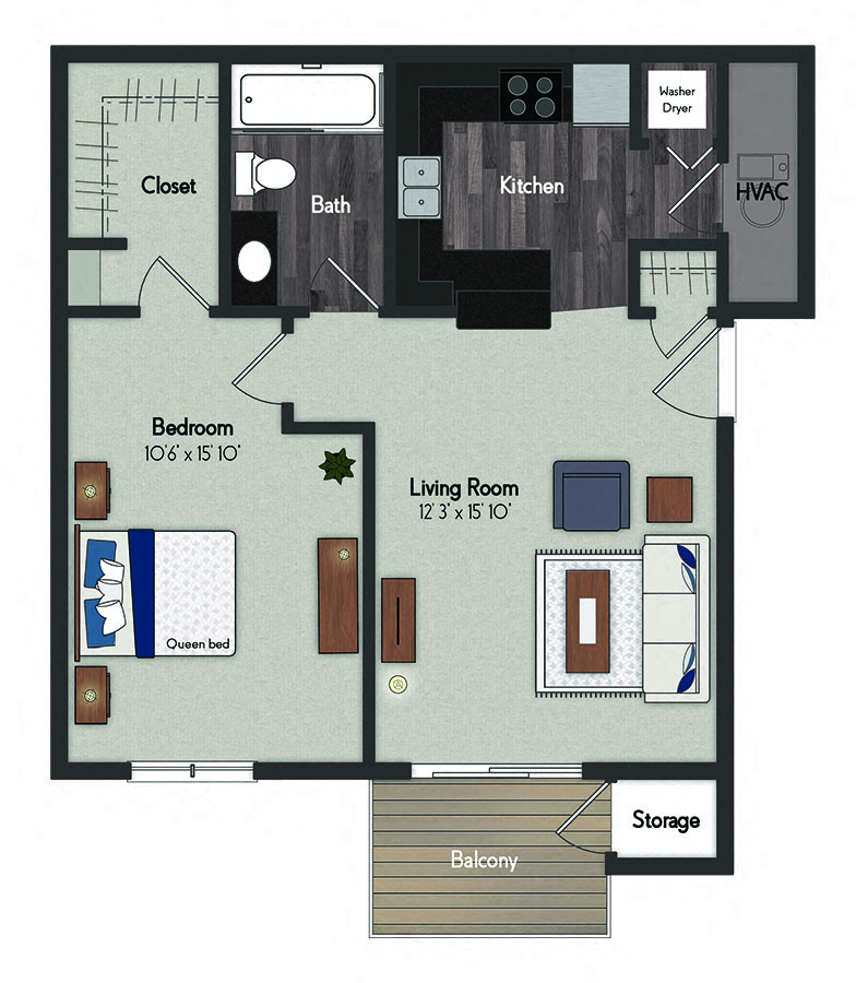 Floor plan for 1 bed, 1 bath, 655 sqft