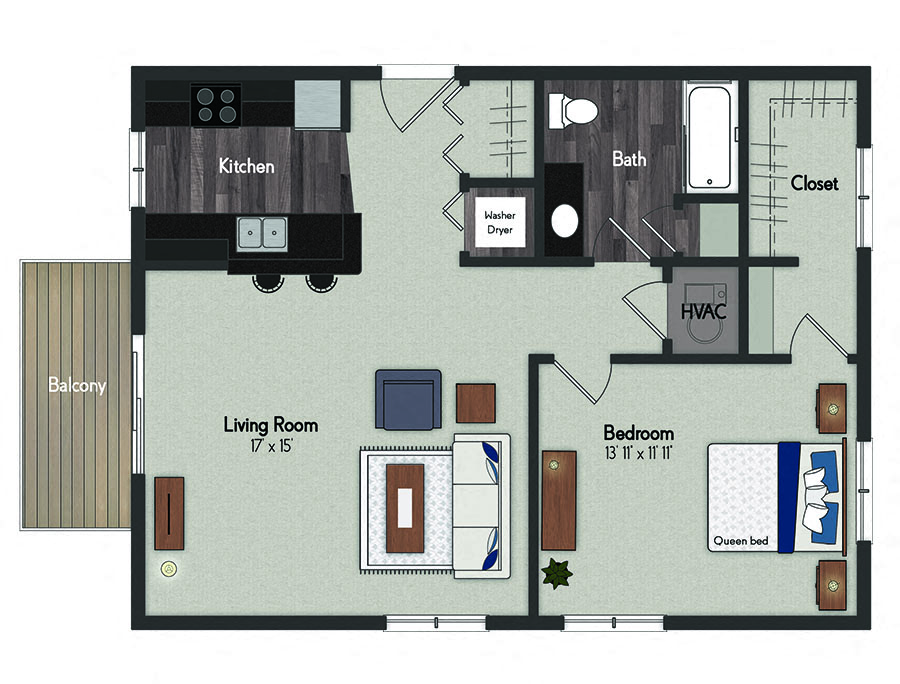 Floor plan for 1 bed, 1 bath, 675 sqft
