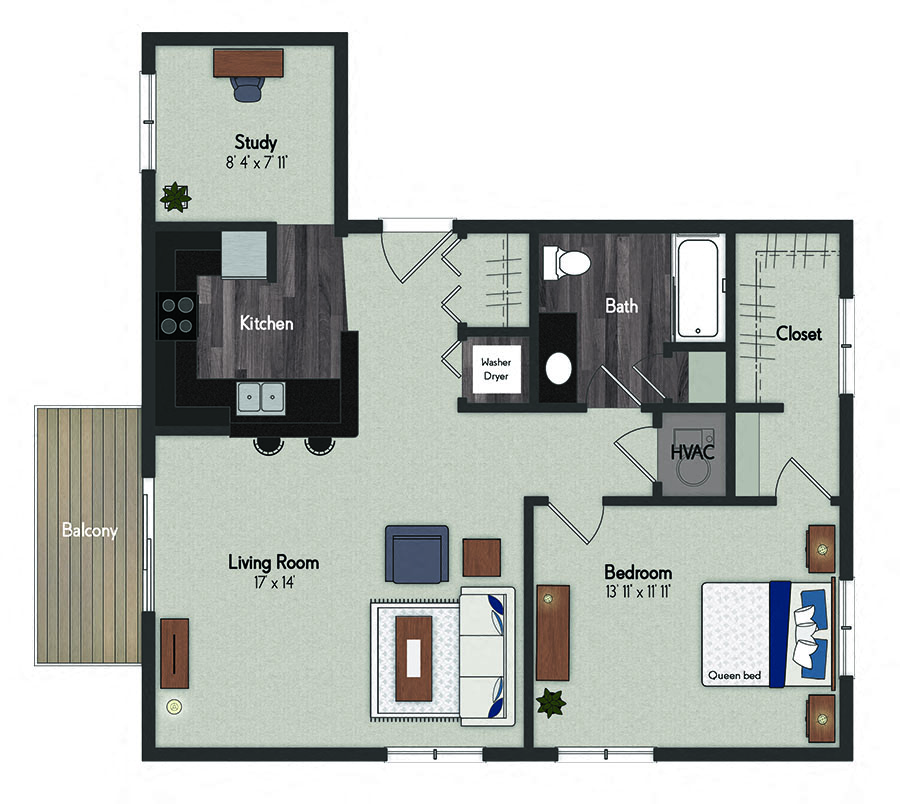 Floor plan for 1 bed, 1 bath, 785 sqft