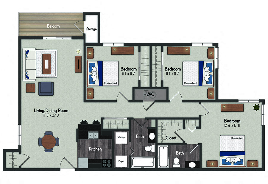 Floor plan for 3 beds, 2 baths, 1325 sqft