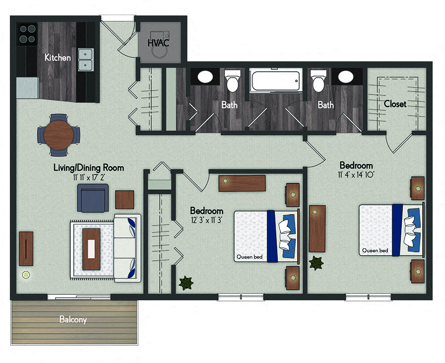 Floor plan for 2 beds, 1.5 baths, 950 sqft