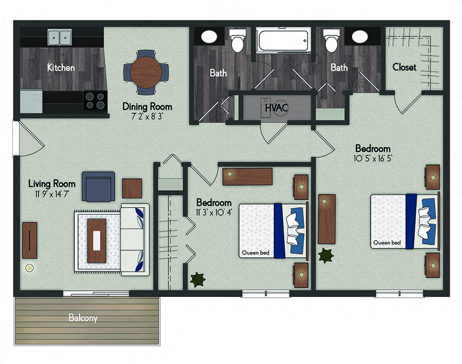 Floor plan for 2 beds, 1.5 baths, 885 sqft