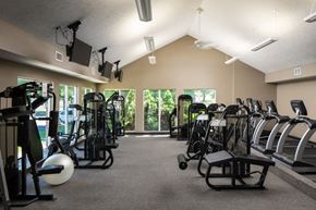 Lincoln apartment for rent - A gym with a variety of equipment including treadmills, stationary bikes, and weight machines.