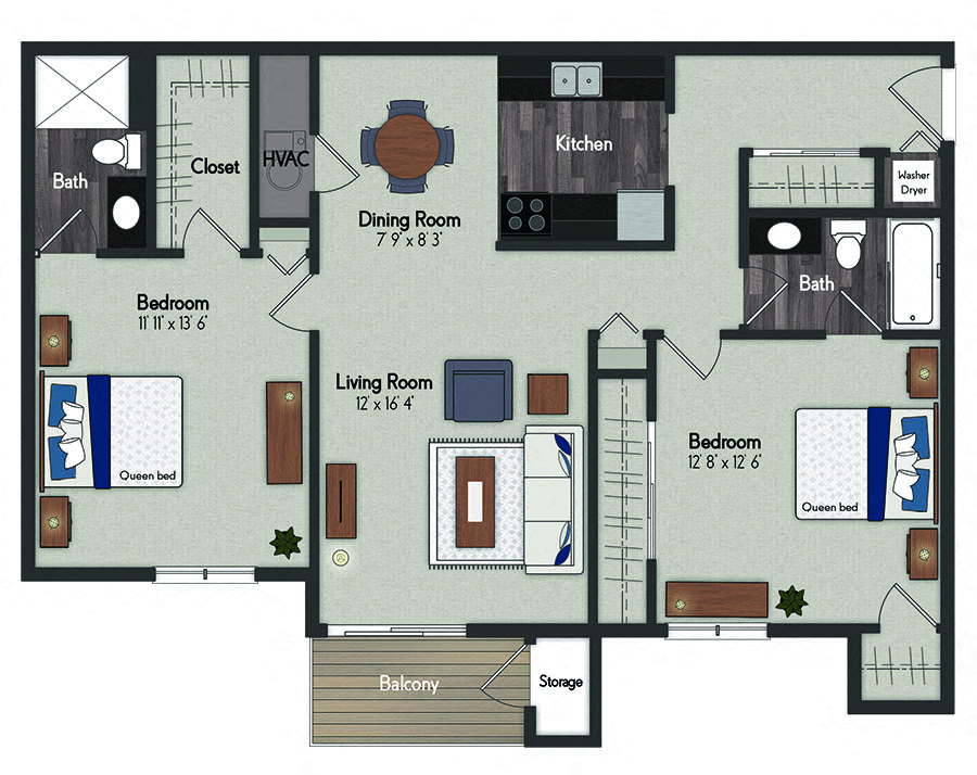Floor plan for 2 beds, 2 baths, 1010 sqft