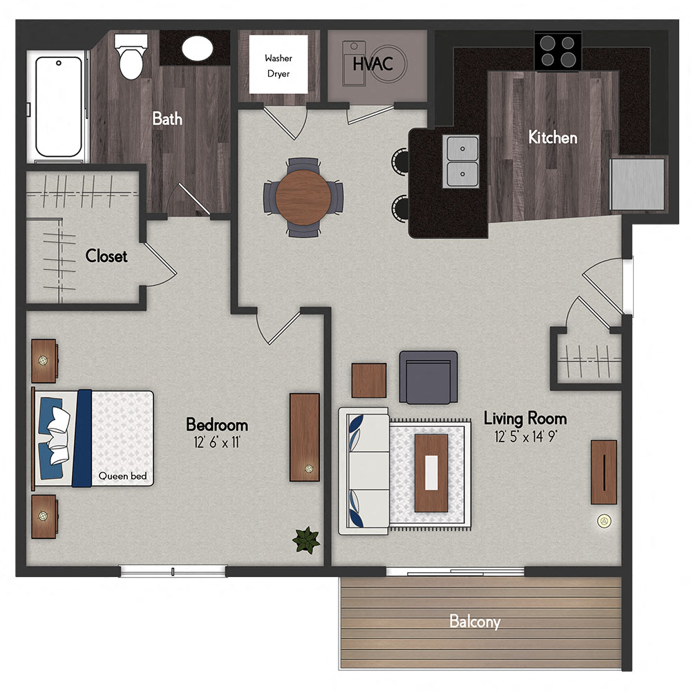 Floor plan for studio, 645 sqft