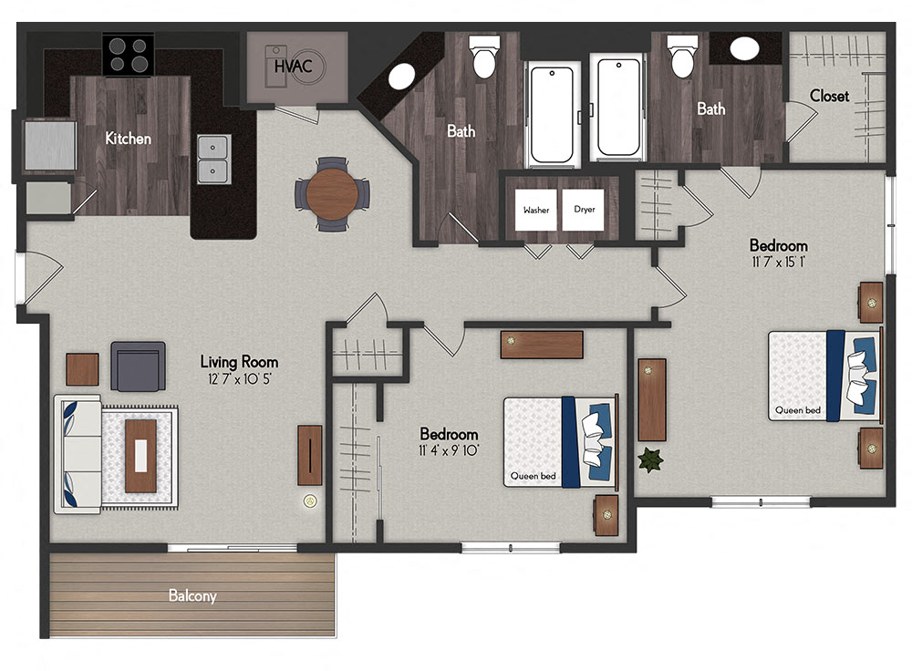 Floor plan for 2 beds, 2 baths, 910 sqft
