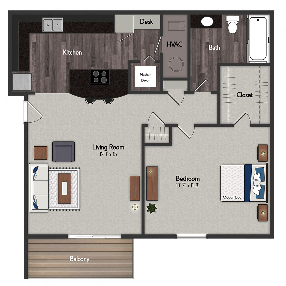 Floor plan for 1 bed, 1 bath, 645 sqft