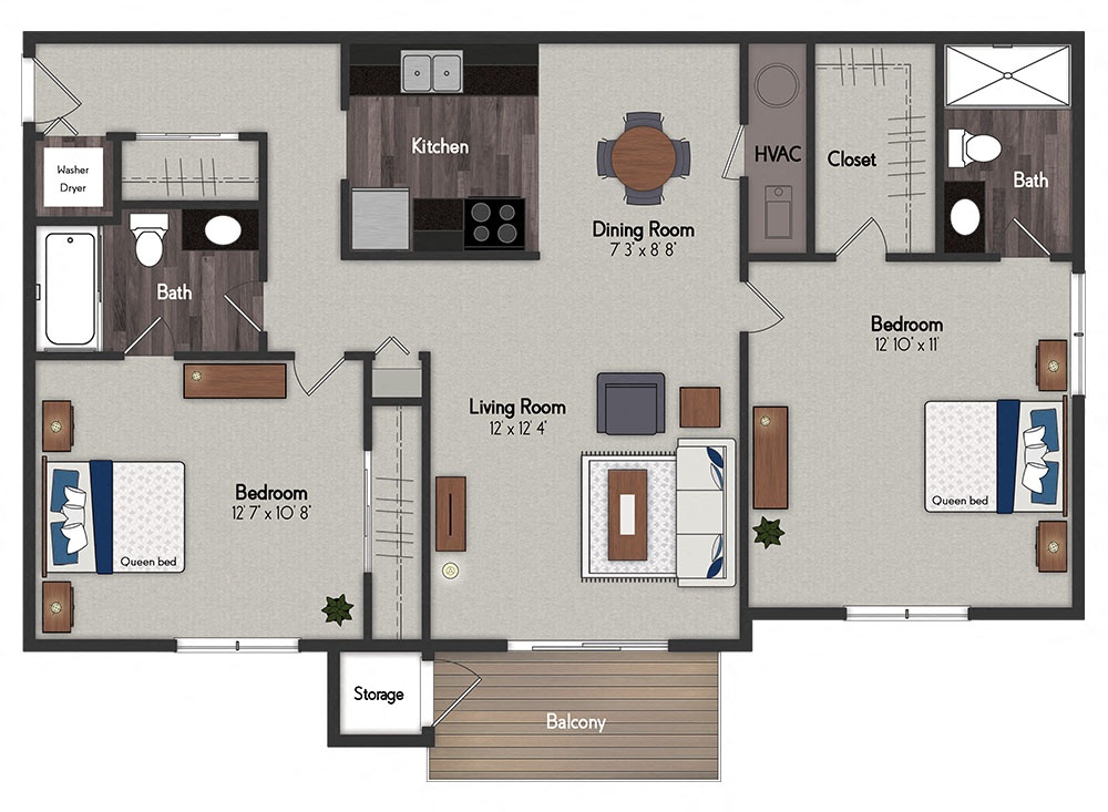 Floor plan for 2 beds, 2 baths, 950 sqft