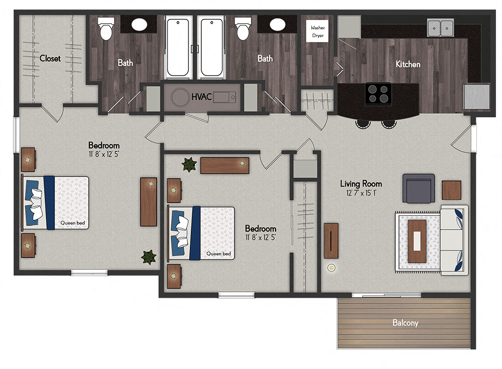 Floor plan for 2 beds, 2 baths, 910 sqft