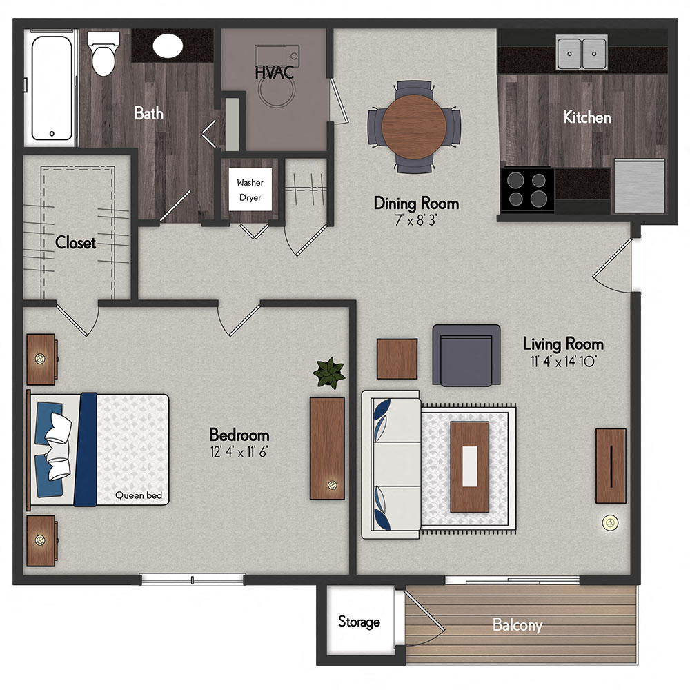 Floor plan for 1 bed, 1 bath, 650 sqft