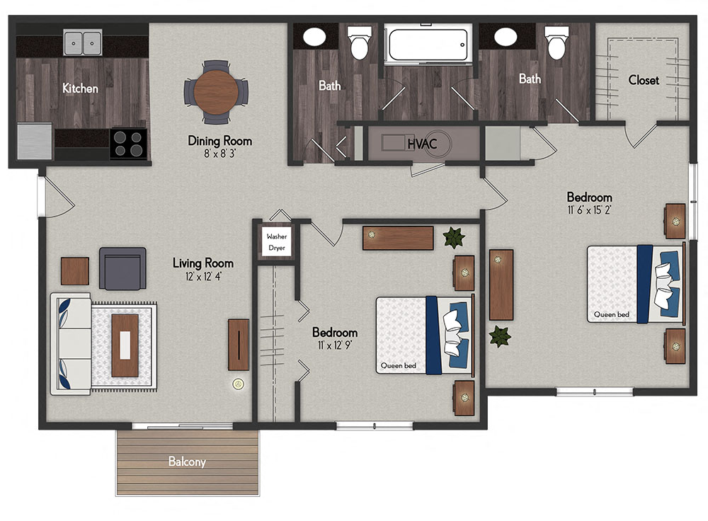 Floor plan for 2 beds, 1.5 baths, 900 sqft