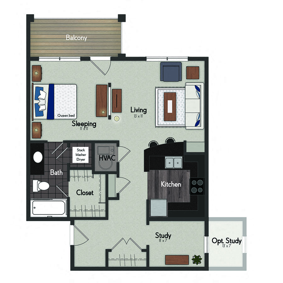 Floor plan for studio, 1 bath, 732 sqft
