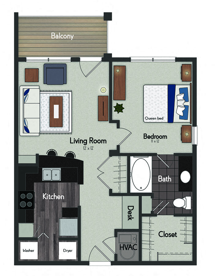 Floor plan for 1 bed, 1 bath, 660 sqft