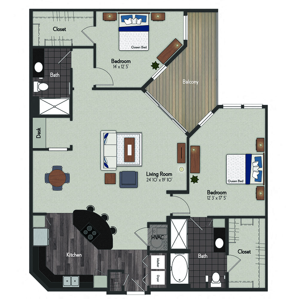 Floor plan for 2 beds, 2 baths, 1485 sqft