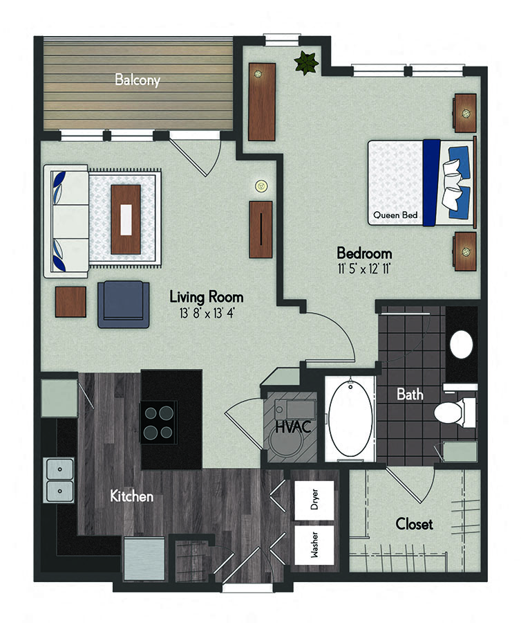Floor plan for 1 bed, 1 bath, 741 sqft