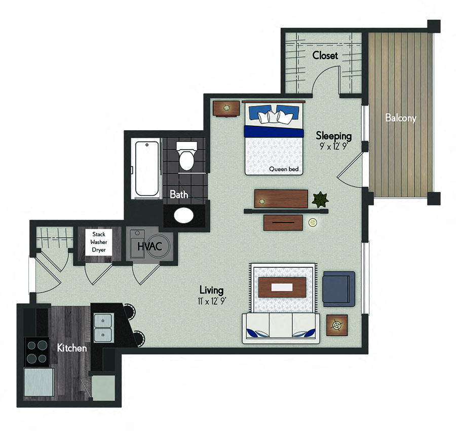 Floor plan for studio, 1 bath, 583 sqft