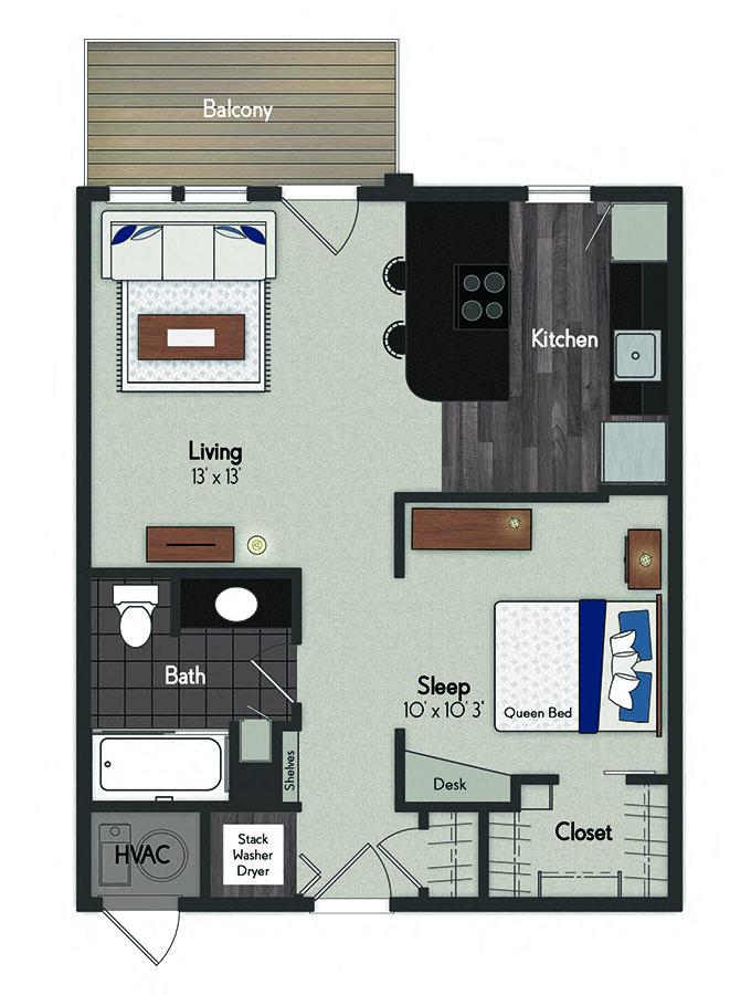 Floor plan for studio, 1 bath, 583 sqft