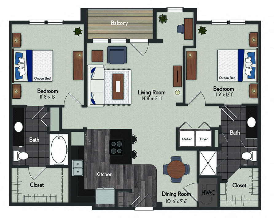 Floor plan for 2 beds, 2 baths, 1169 sqft