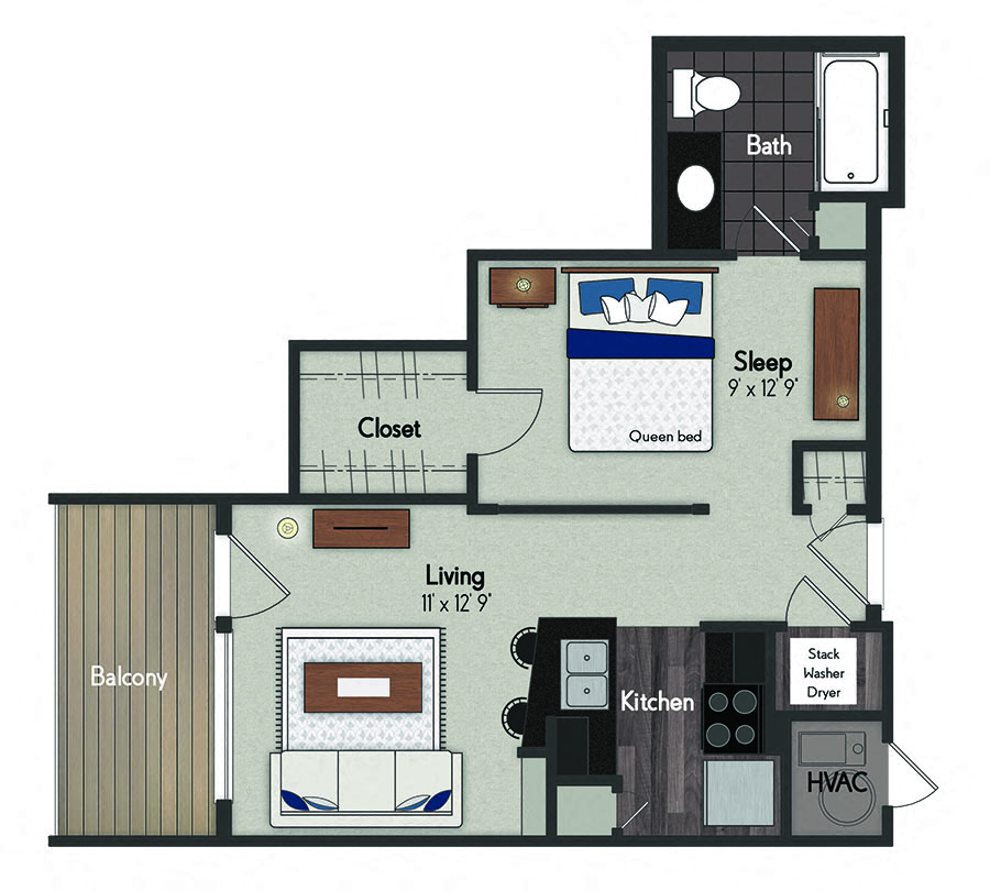 Floor plan for studio, 1 bath, 521 sqft