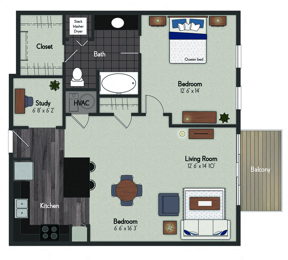 Floor plan for 1 bed, 1 bath, 892 sqft