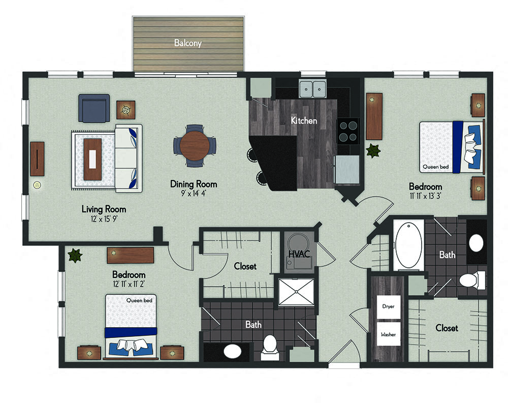 Floor plan for 2 beds, 2 baths, 1231 sqft