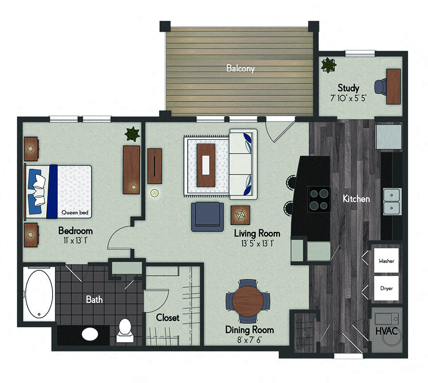 Floor plan for 1 bed, 1 bath, 835 sqft