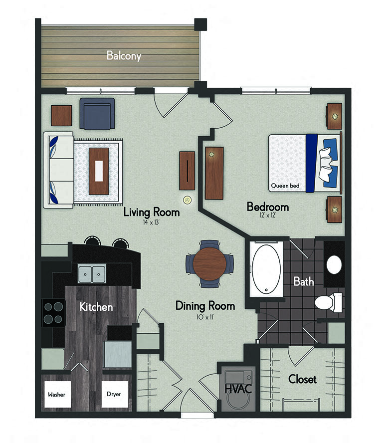 Floor plan for 1 bed, 1 bath, 762 sqft