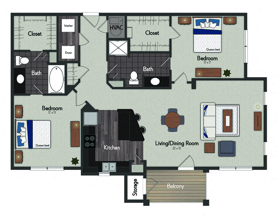 Floor plan for 2 beds, 2 baths, 1204 sqft