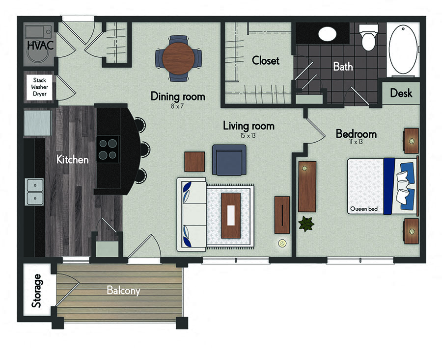 Floor plan for 1 bed, 1 bath, 781 sqft