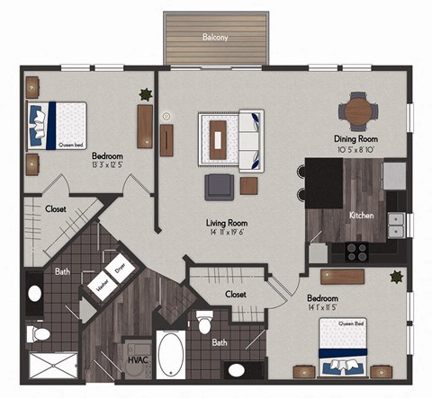 Floor plan for 2 beds, 2 baths, 1283 sqft