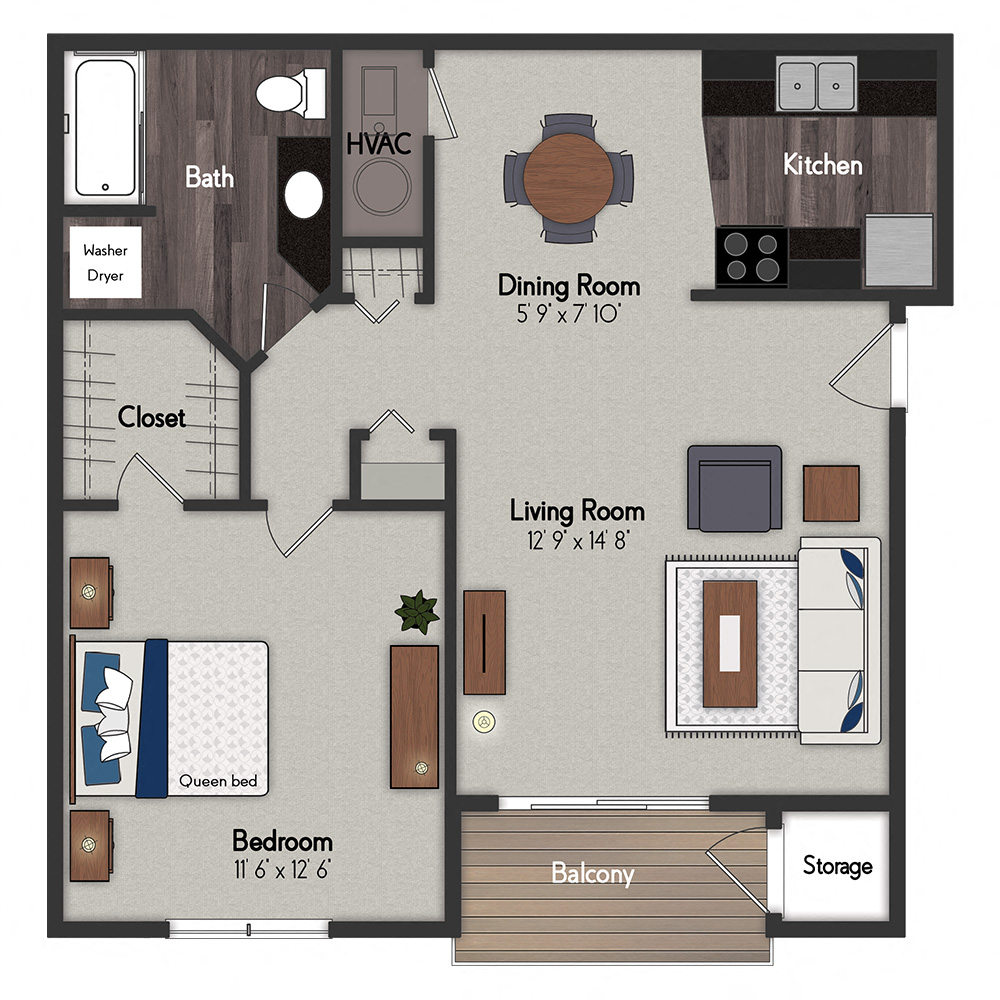 Floor plan for 1 bed, 1 bath, 720 sqft