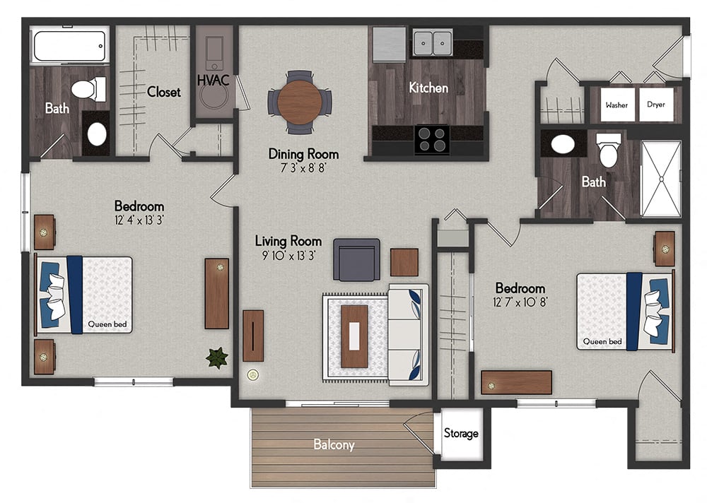 Floor plan for 2 beds, 2 baths, 1031 sqft