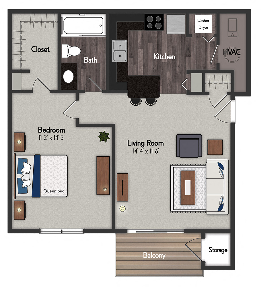 Floor plan for 1 bed, 1 bath, 634 sqft