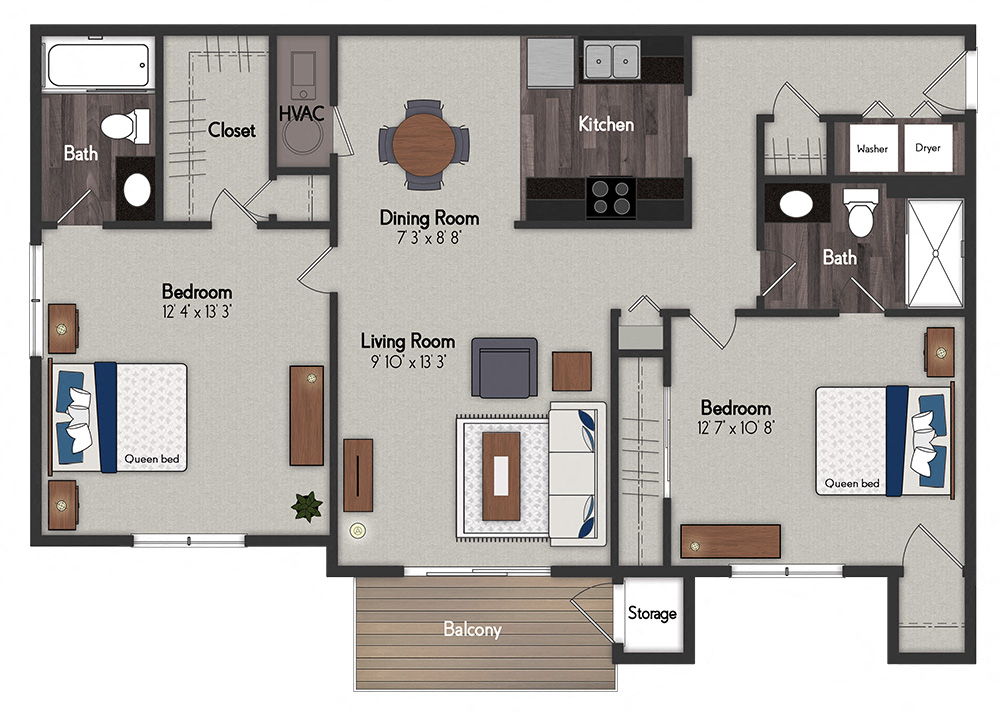 Floor plan for 2 beds, 2 baths, 1031 sqft