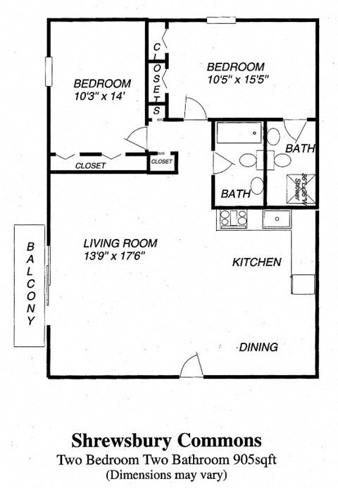 Floor plan for 2 beds, 2 baths, 905 sqft