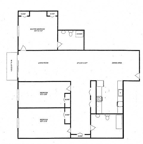 Floor plan for 3 beds, 2 baths, 1300 sqft