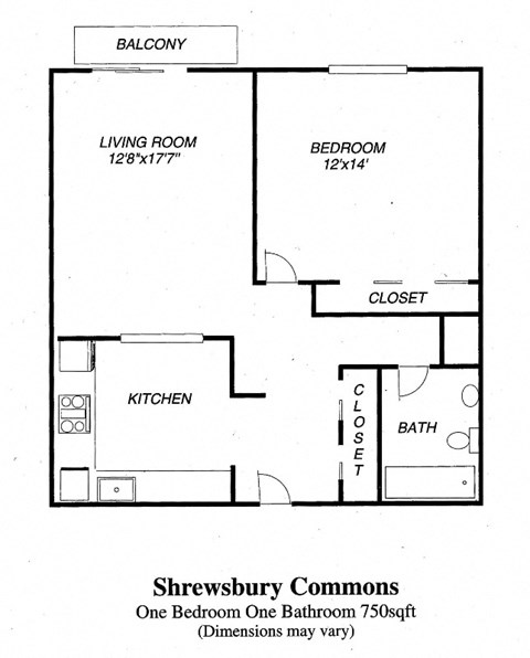 Floor plan for 1 bed, 1 bath, 772 sqft