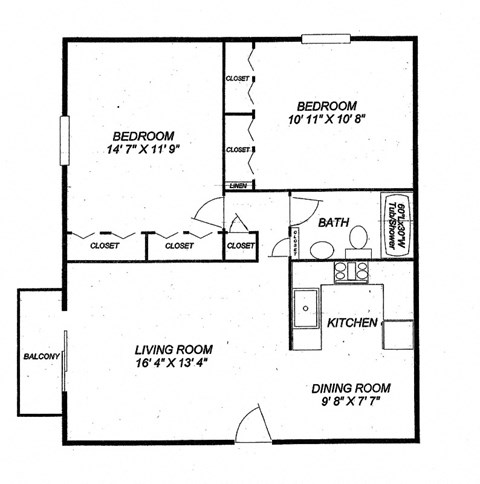 Floor plan for 2 beds, 1 bath, 910 sqft