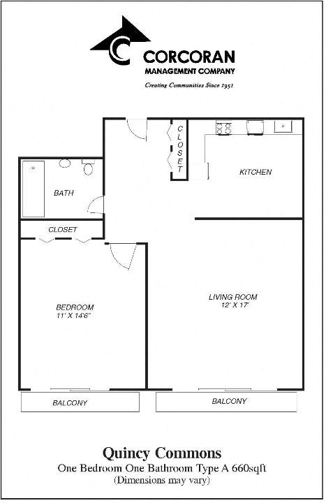 Floor plan for 1 bed, 1 bath, 660 sqft