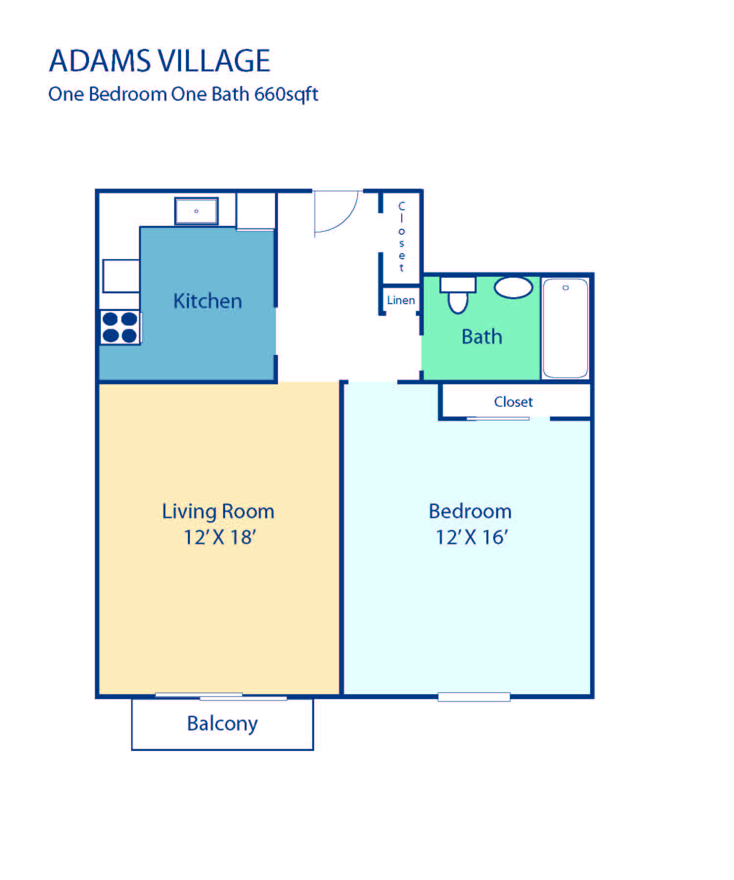 Floor plan for 1 bed, 1 bath, 660 sqft