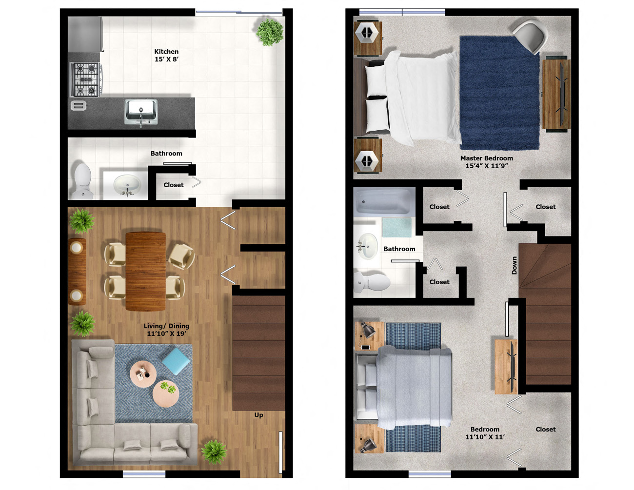 Floor plan for 2 beds, 1 bath, 1020 sqft