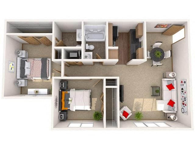 Floor plan for 2 beds, 1.5 baths, 870 sqft