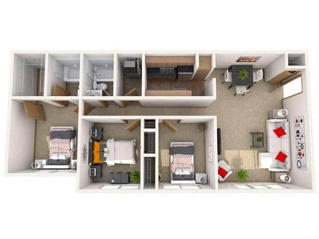 Floor plan for 3 beds, 2 baths, 970 sqft