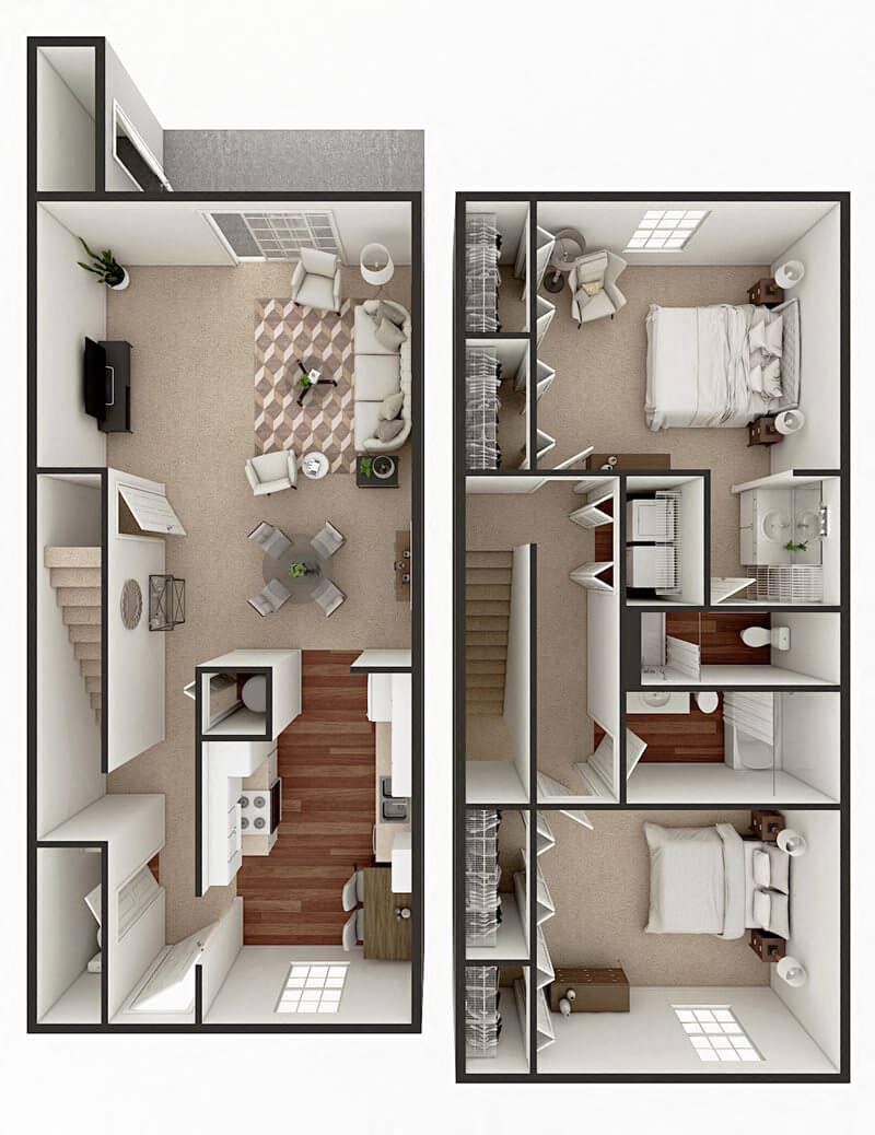 Floor plan for 2 beds, 2.5 baths, 1329 sqft