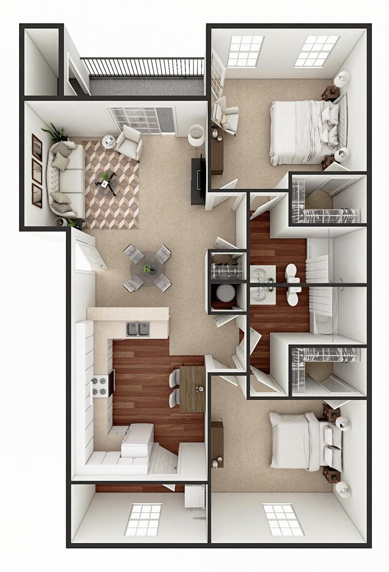 Floor plan for 2 beds, 2 baths, 1207 sqft